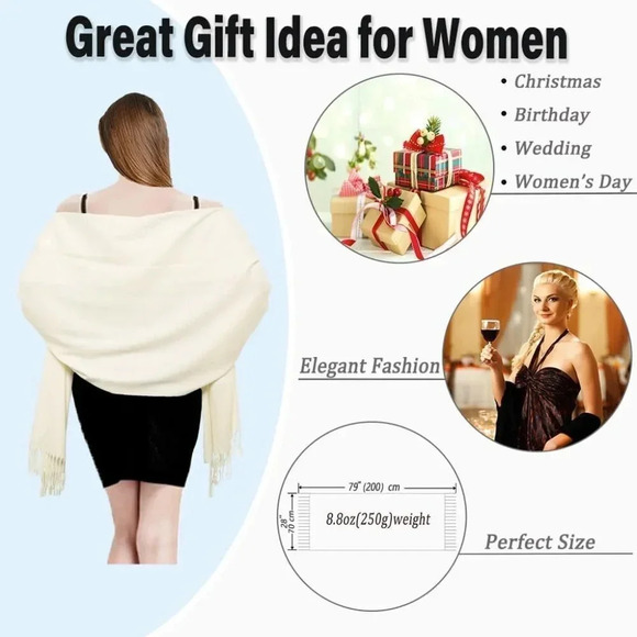 Womens Wraps Warm Large Soft Silky Scarf Pashmina Shawls Pack of 2 (Camel Cream) - Picture 4 of 6